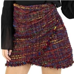 JUDITH MARCH L tweed mini wrap skirt in bright colors w frayed boho hemline EUC